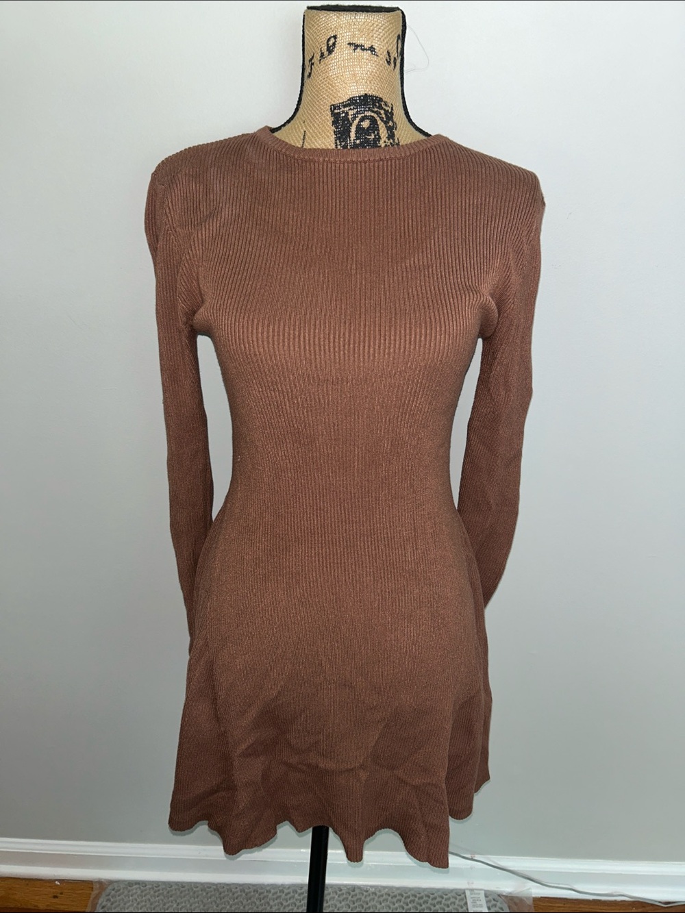 Primark Ribbed Long-Sleeve Fit & Flare Dress — Rust Brown